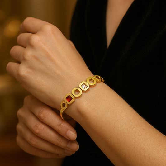 Geometric Gold-Plated Bracelet with Red, Blue & White Stones – Modern Statement Jewelry