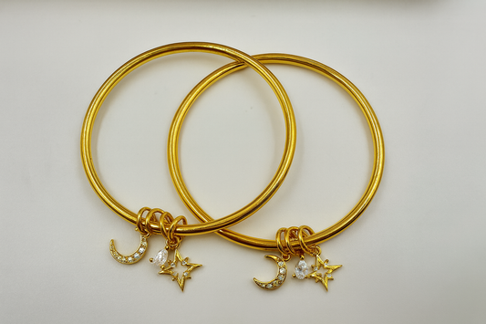 Gold Plated Stainless Steel Bangles Set of 2 with Moon & Star Charms – Anti-Tarnish Women’s Jewelry