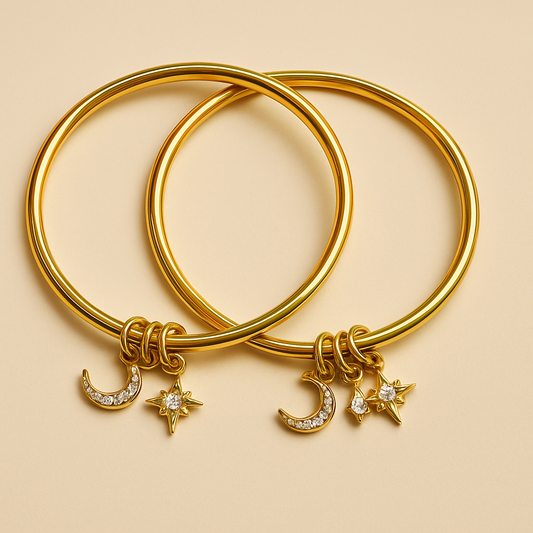 Gold Plated Stainless Steel Bangles Set of 2 with Moon & Star Charms – Anti-Tarnish Women’s Jewelry