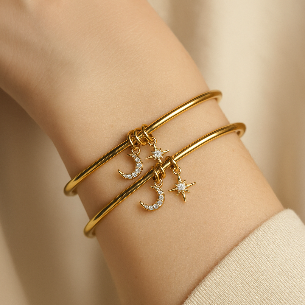 Gold Plated Stainless Steel Bangles Set of 2 with Moon & Star Charms – Anti-Tarnish Women’s Jewelry