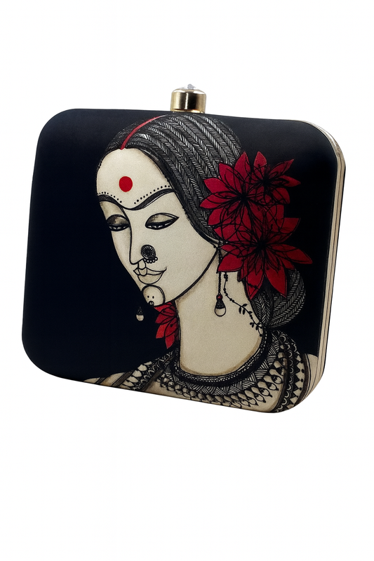 Artistic Print Clutch with Designer Lady Motif and Gold Chain – Evening & Party Bag