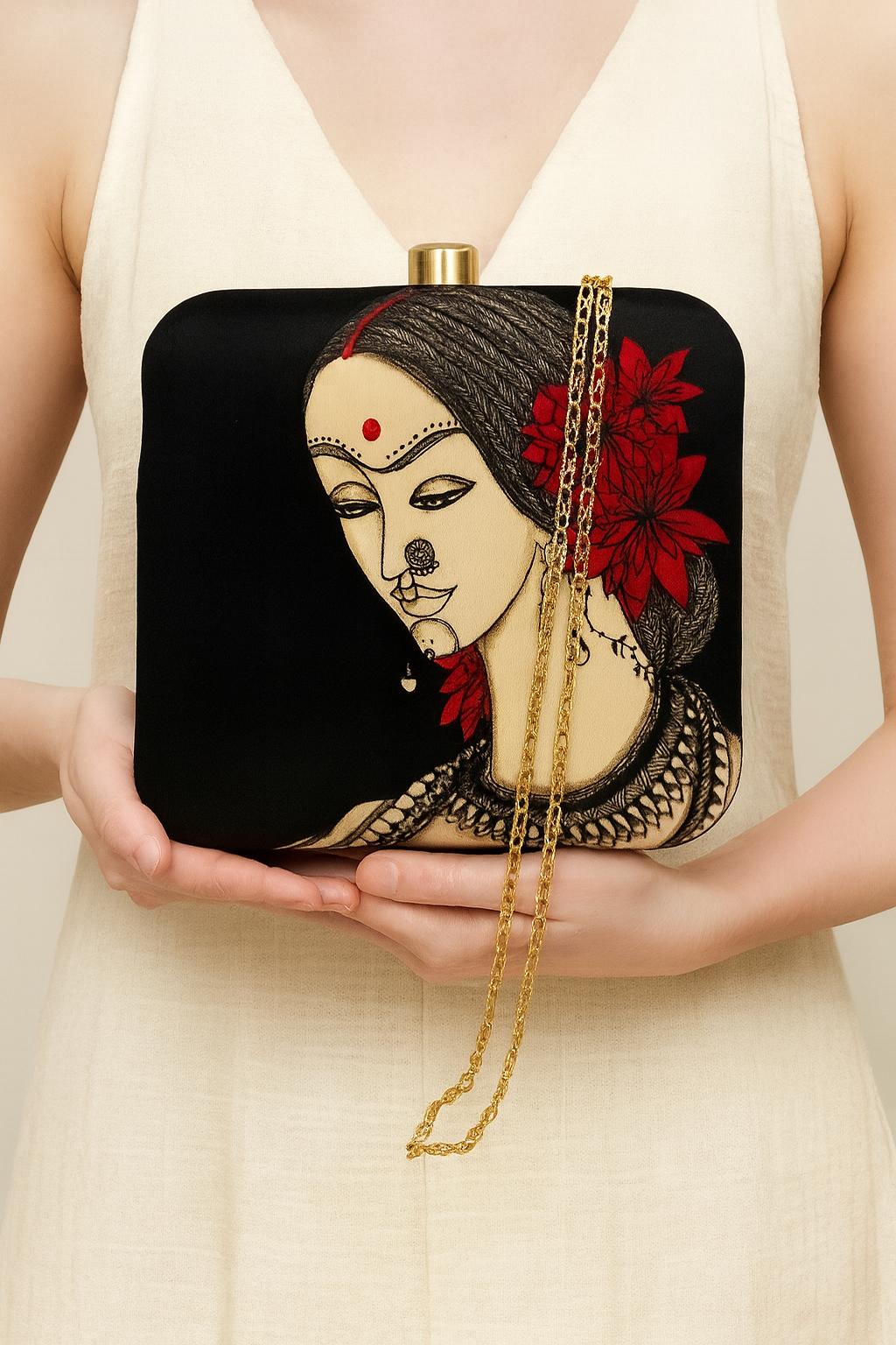Artistic Print Clutch with Designer Lady Motif and Gold Chain – Evening & Party Bag