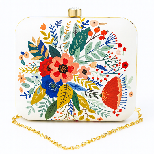 Floral Artwork Clutch with Colorful Botanical Print and Gold Clasp – Party & Evening Bag