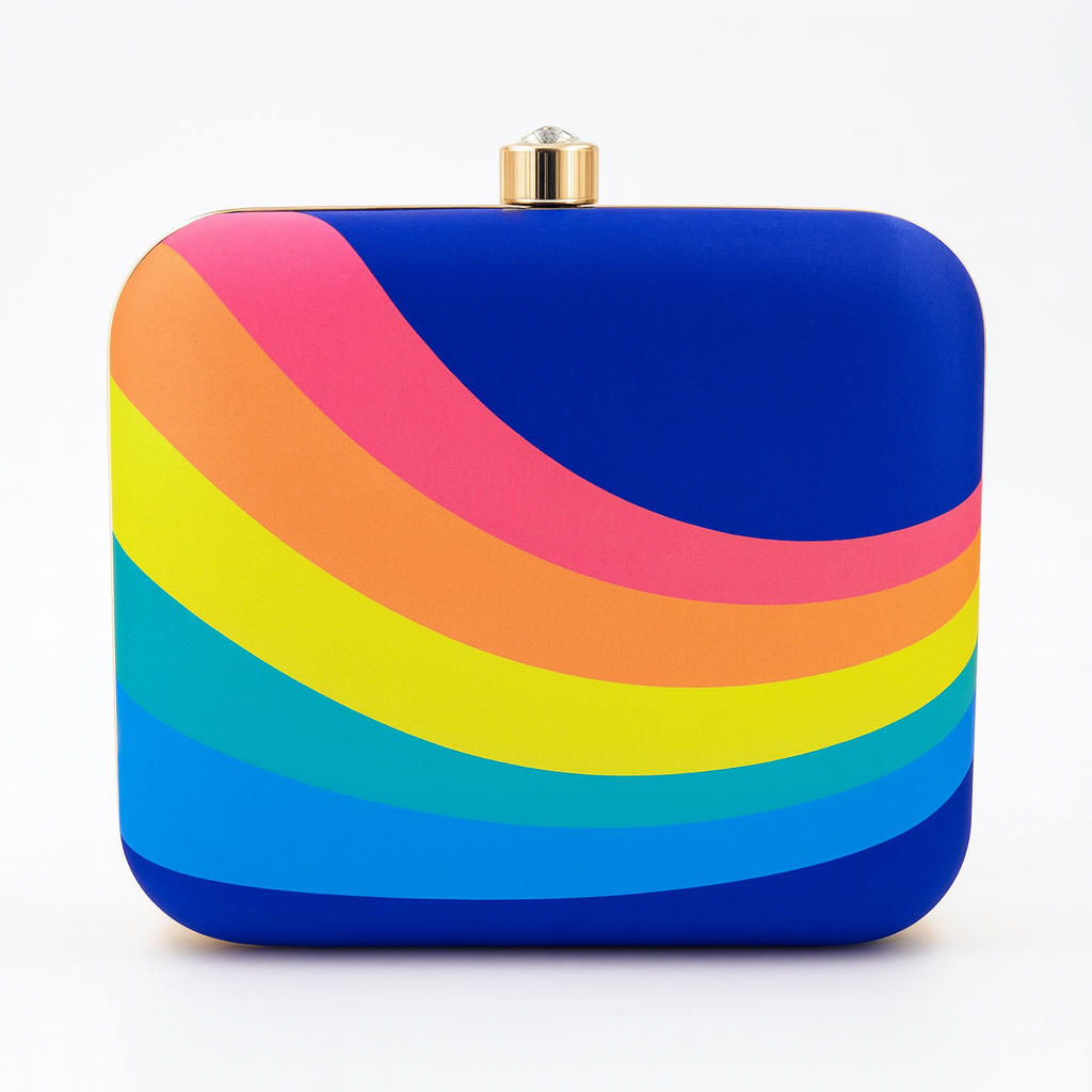 Vibrant Striped Artwork Clutch with Bold Multicolor Design and Gold Chain – Party & Evening Bag