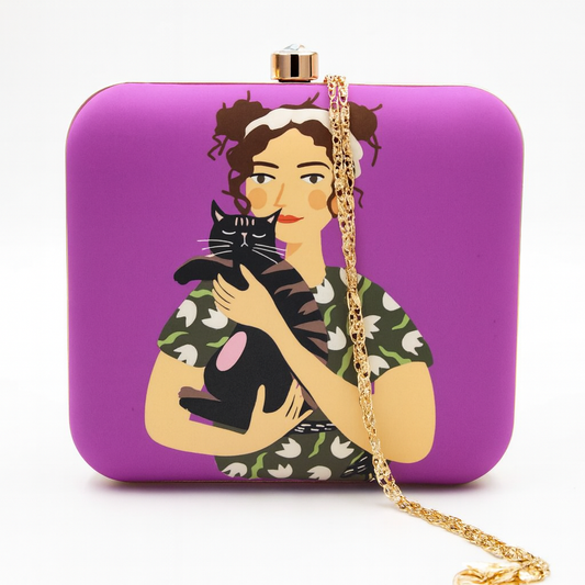 Illustrated Lady with Cat Artwork Clutch in Purple with Gold Chain – Evening & Party Bag