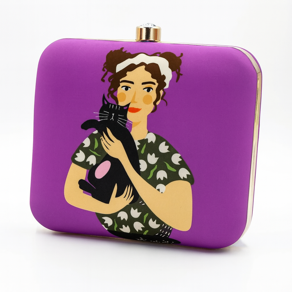 Illustrated Lady with Cat Artwork Clutch in Purple with Gold Chain – Evening & Party Bag