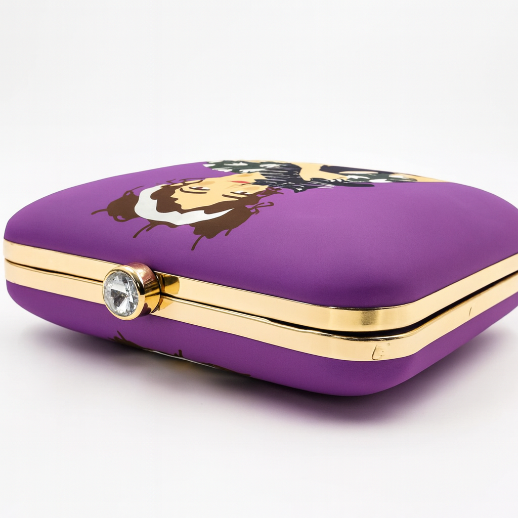 Illustrated Lady with Cat Artwork Clutch in Purple with Gold Chain – Evening & Party Bag