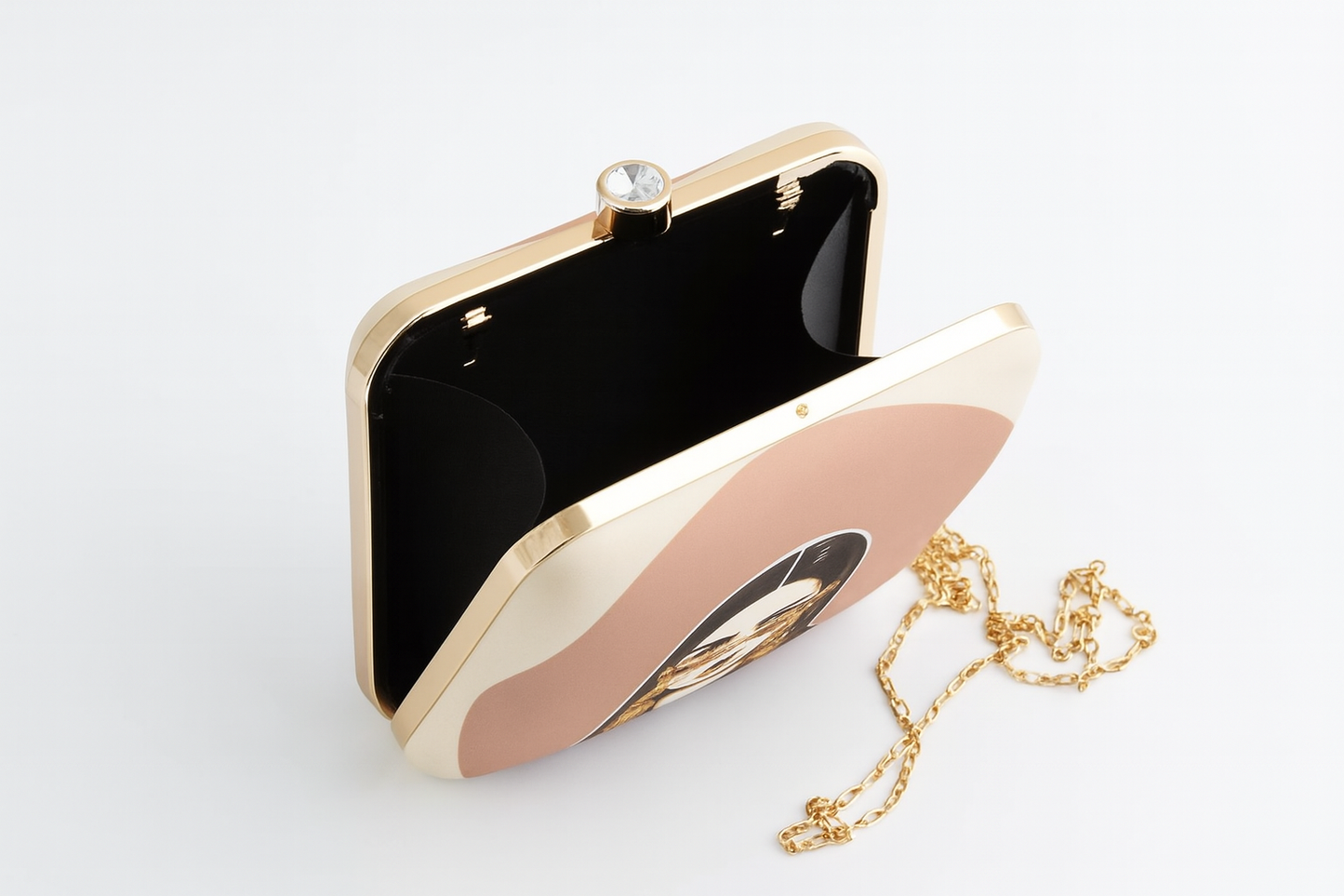 Chic Illustrated Lady Clutch with Gold Earring Detailing and Modern Artwork – Party & Evening Bag
