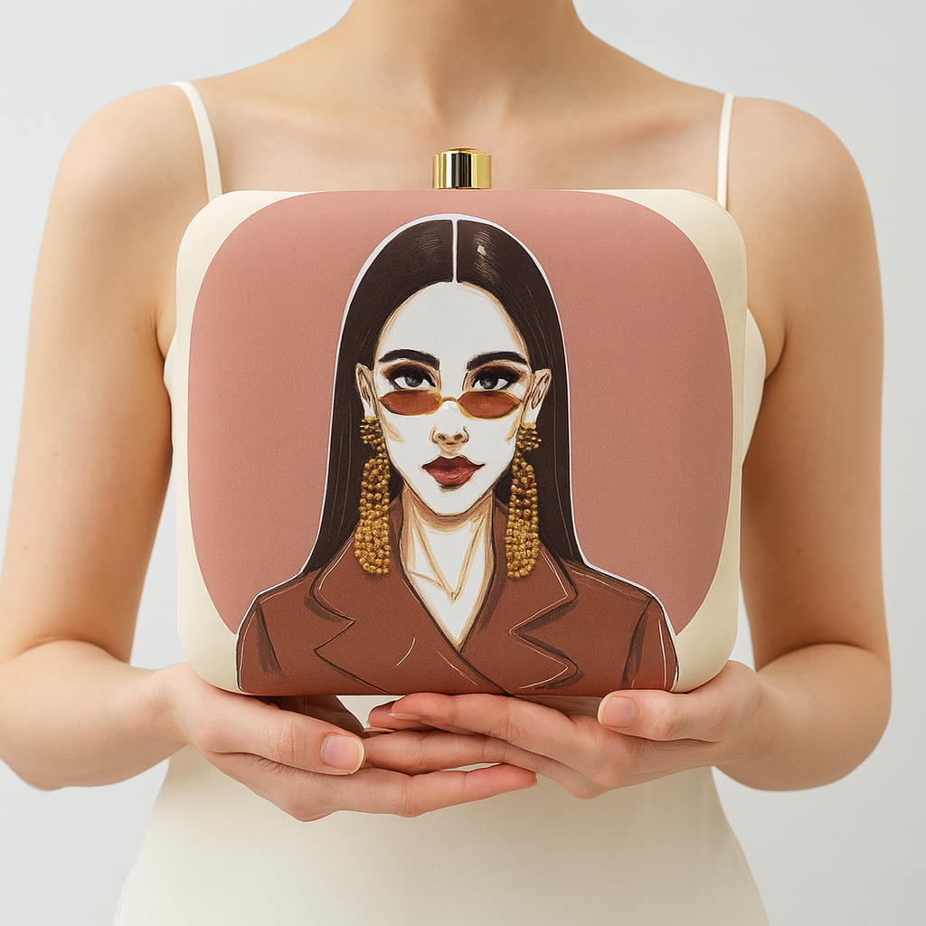 Chic Illustrated Lady Clutch with Gold Earring Detailing and Modern Artwork – Party & Evening Bag