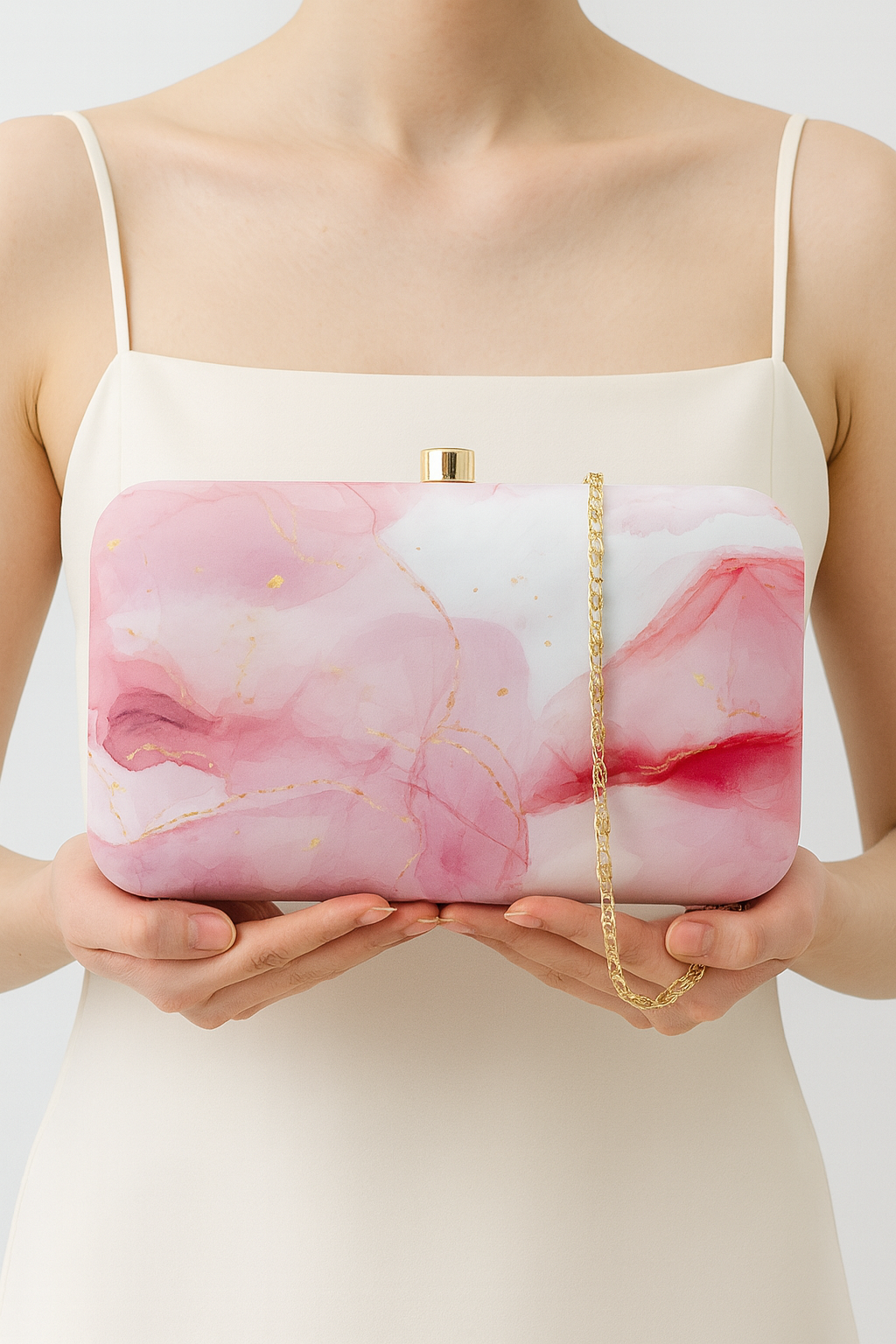 Elegant Marble Print Clutch in Pink and White with Gold Chain – Evening & Party Bag