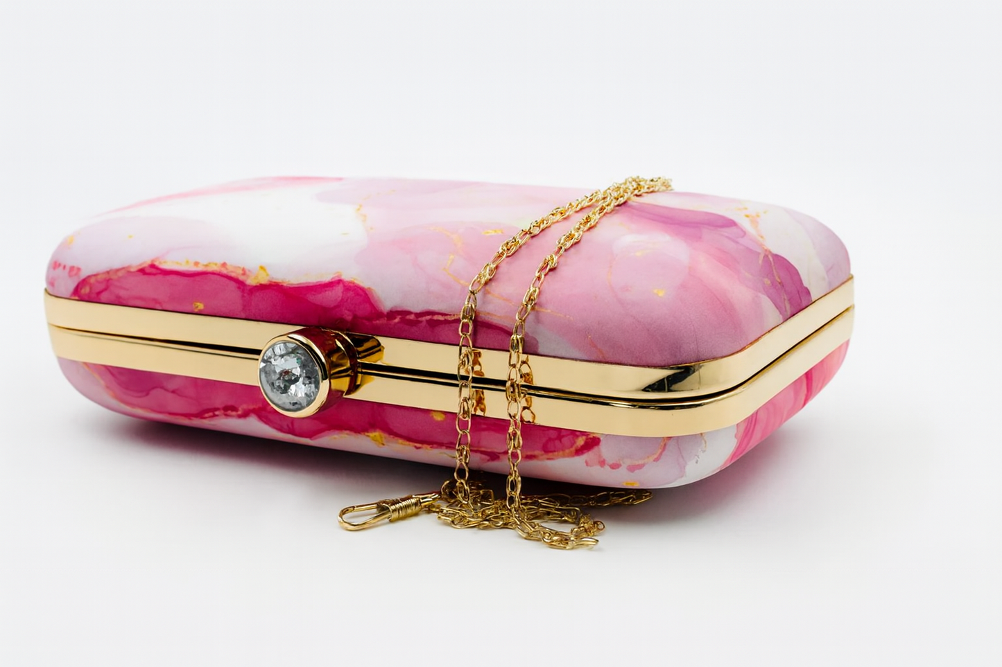 Elegant Marble Print Clutch in Pink and White with Gold Chain – Evening & Party Bag