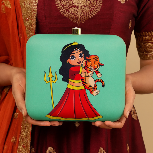Goddess Illustration Clutch with Vibrant Artwork and Gold Chain – Party & Festive Bag