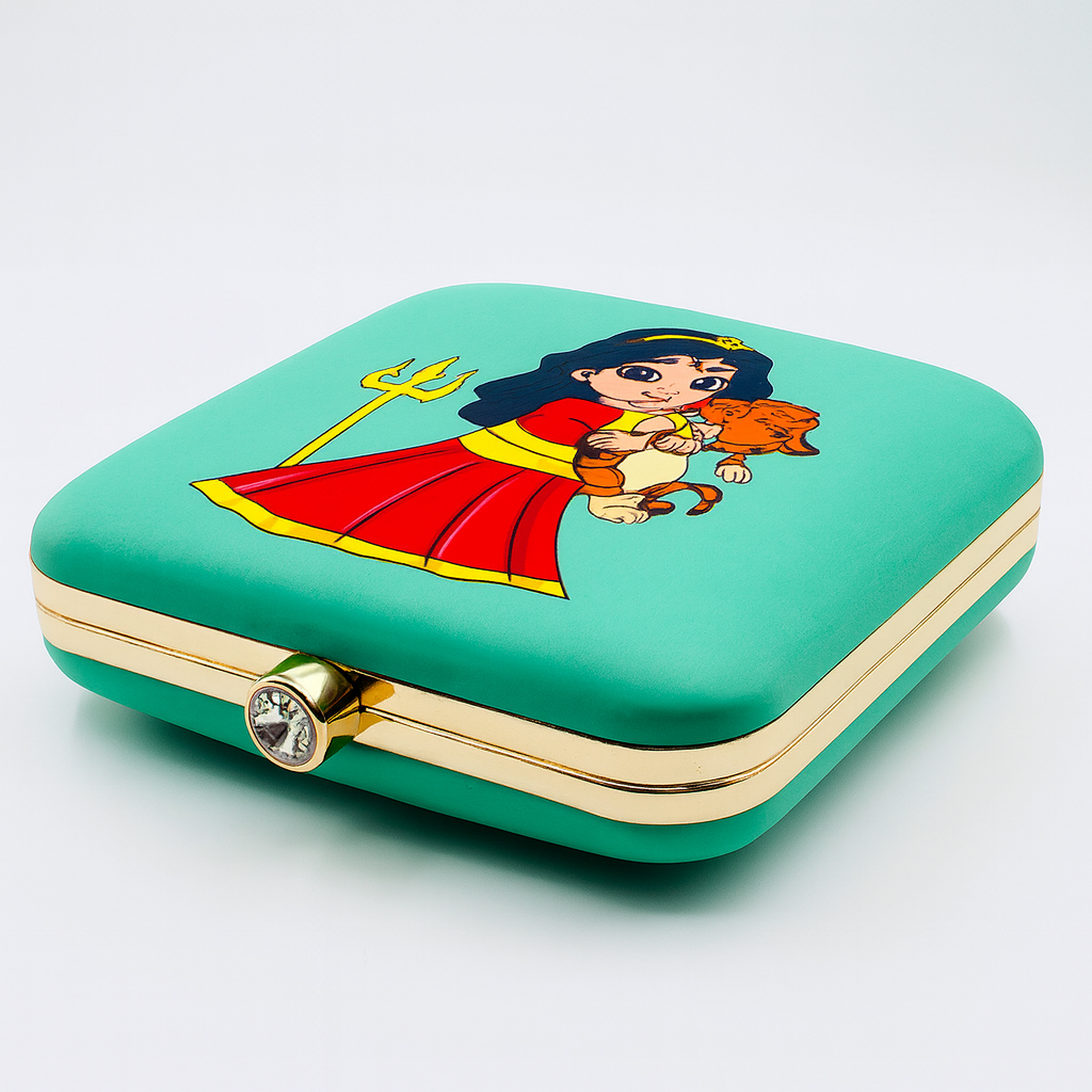 Goddess Illustration Clutch with Vibrant Artwork and Gold Chain – Party & Festive Bag