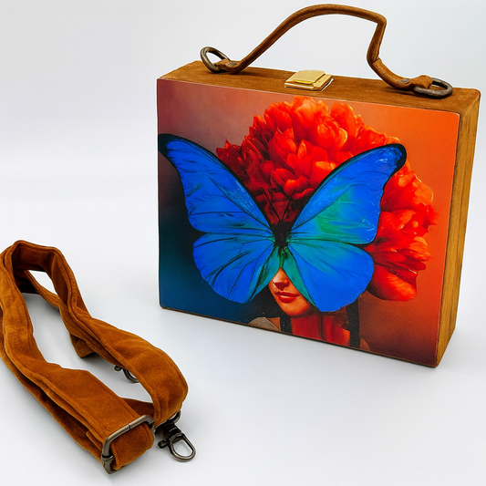 Butterfly Artwork Wooden Handbag with Matt Finish Satin & Suede – Luxury Statement Bag