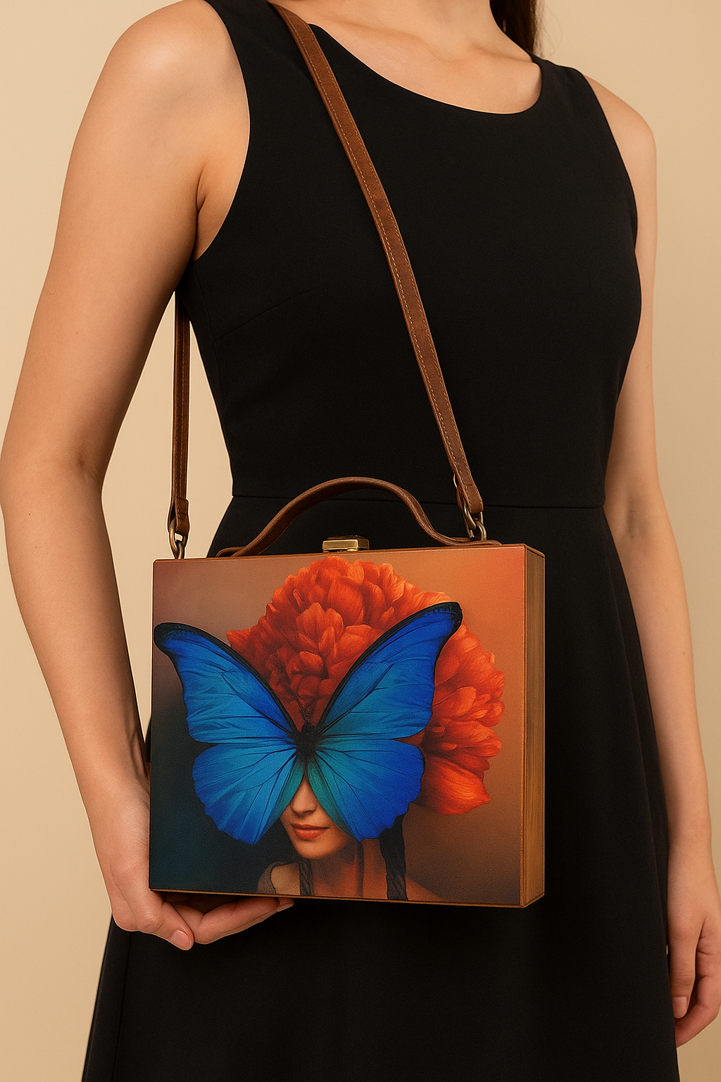 Butterfly Artwork Wooden Handbag with Matt Finish Satin & Suede – Luxury Statement Bag