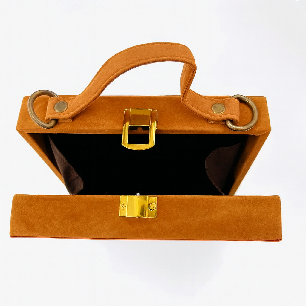 Butterfly Artwork Wooden Handbag with Matt Finish Satin & Suede – Luxury Statement Bag