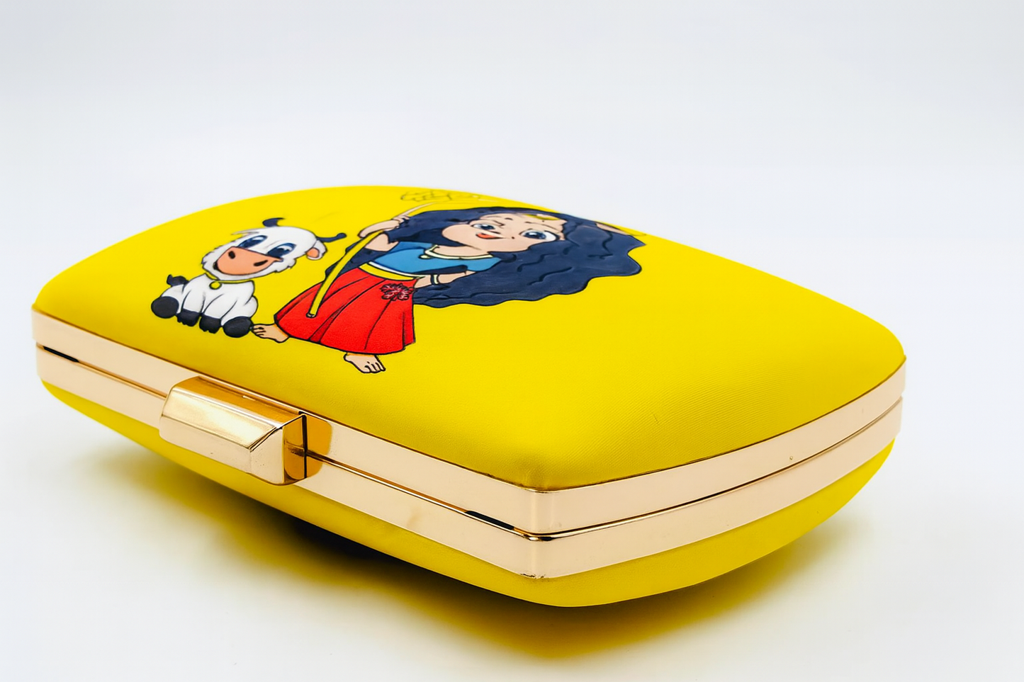 Divine Illustration Satin Clutch with Cow Motif – 7.5 x 4.5 inch Gold Chain Evening & Festive Bag