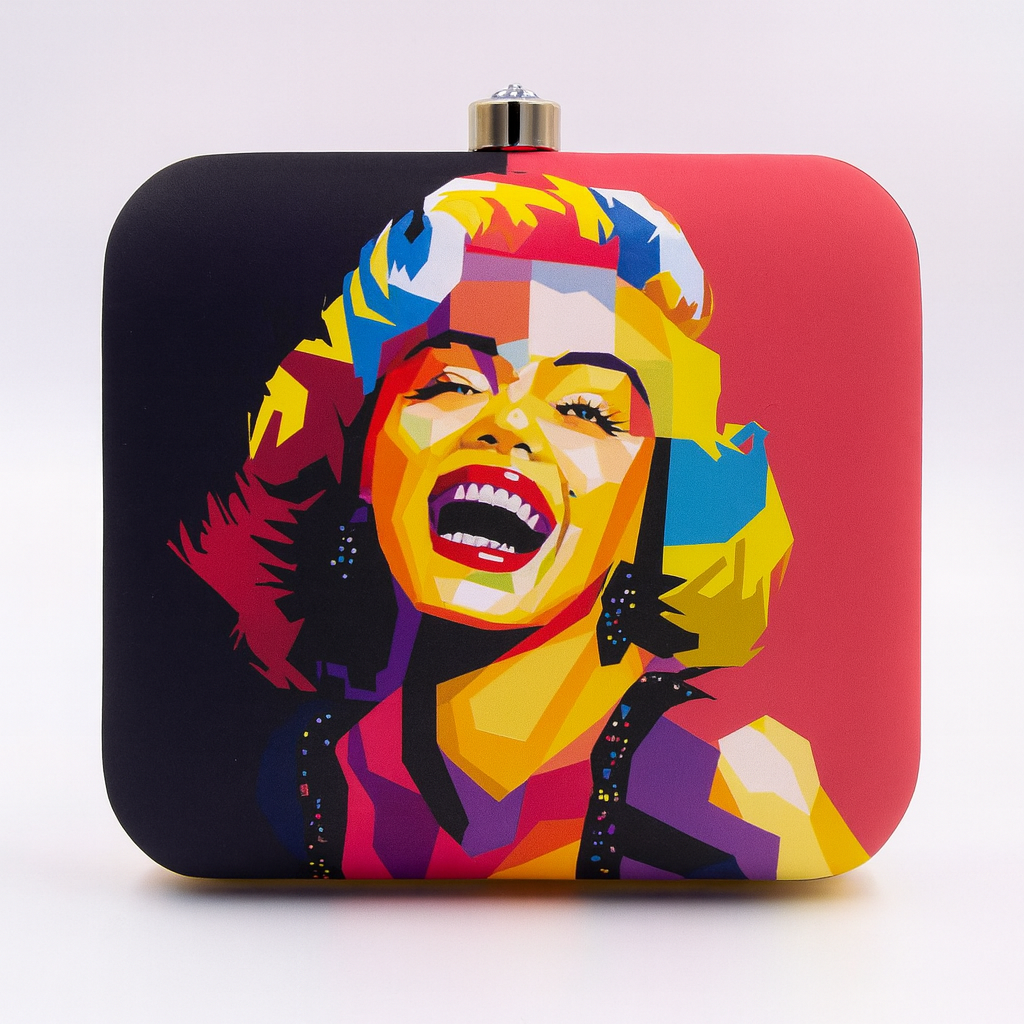 Marilyn Monroe Pop-Art Satin Clutch with Bold Multicolor Illustration – 7 x 6.5 inch Gold Chain Evening Bag
