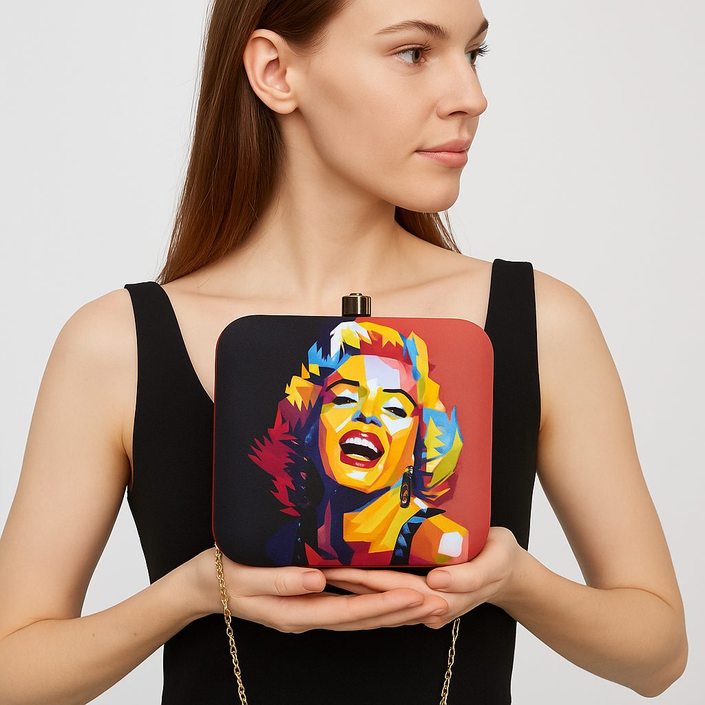 Marilyn Monroe Pop-Art Satin Clutch with Bold Multicolor Illustration – 7 x 6.5 inch Gold Chain Evening Bag