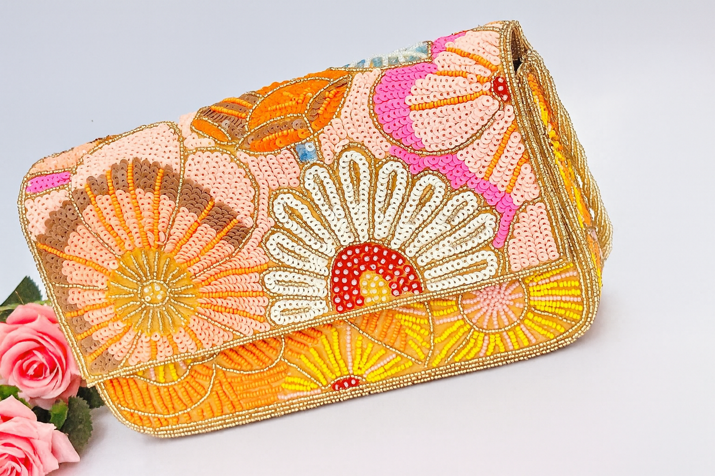 Handcrafted Floral Beaded & Sequin Clutch – 10 x 6 x 2 inch Evening & Party Bag