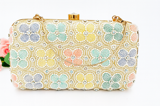 Pastel Beaded Floral Clutch with Hand Embroidery & Gold Chain – Wedding & Party Bag