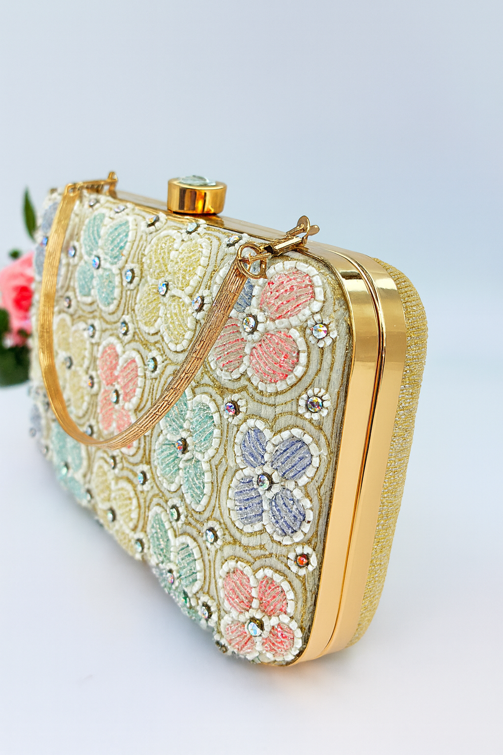 Pastel Beaded Floral Clutch with Hand Embroidery & Gold Chain – Wedding & Party Bag