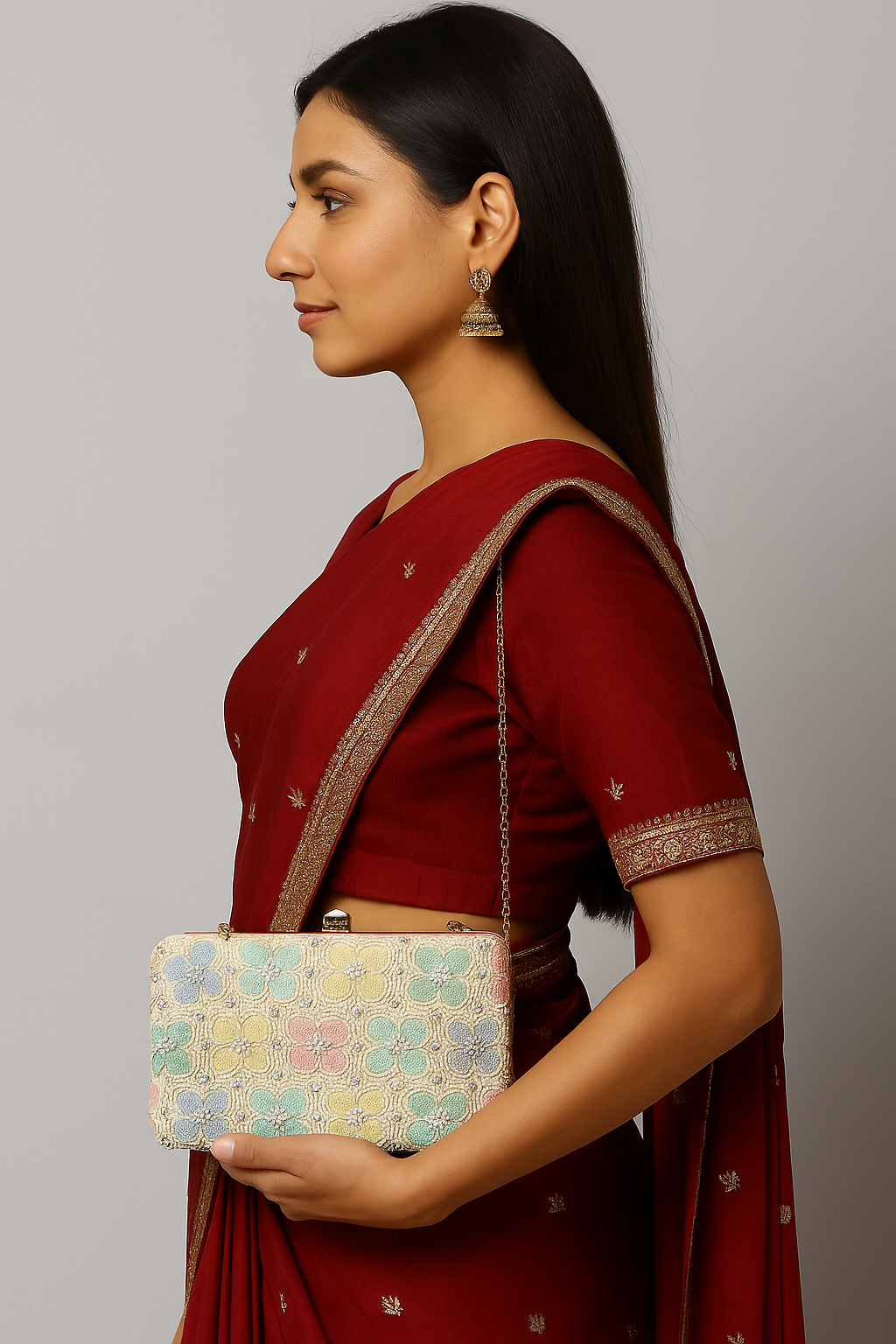 Pastel Beaded Floral Clutch with Hand Embroidery & Gold Chain – Wedding & Party Bag