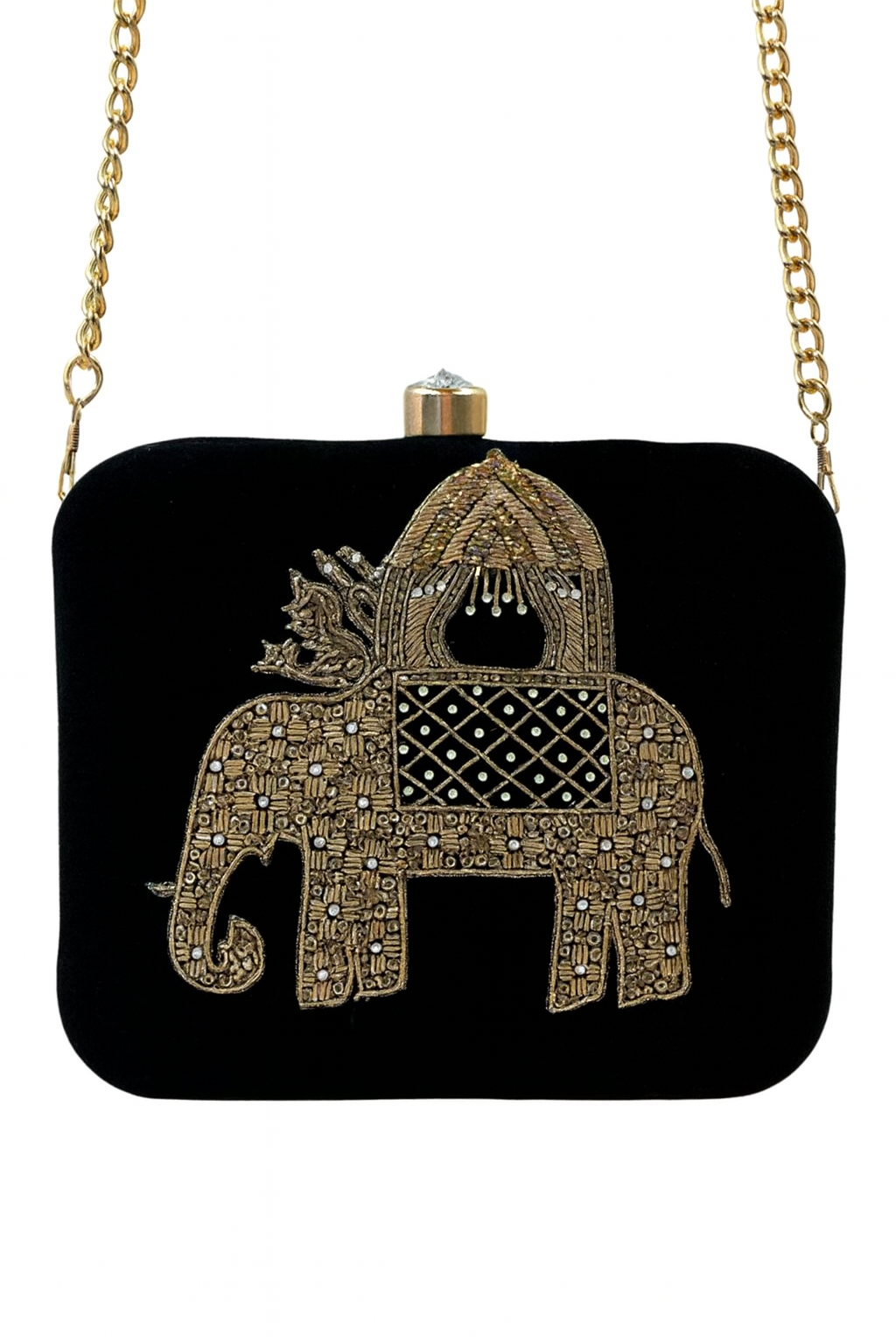 Royal Elephant Embroidered Velvet Clutch with Gold Detailing – Evening & Festive Bag