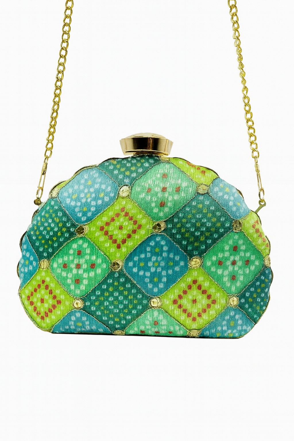 Ikat-Inspired Geometric Scallop Clutch in Green & Blue with Gold Accents – Evening & Festive Bag