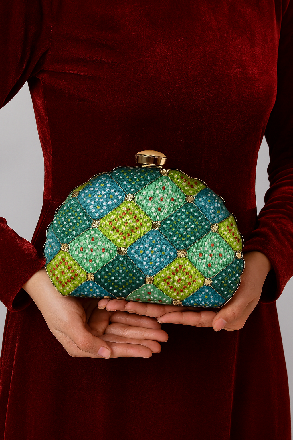Ikat-Inspired Geometric Scallop Clutch in Green & Blue with Gold Accents – Evening & Festive Bag