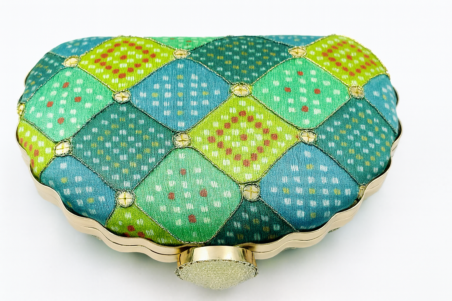 Ikat-Inspired Geometric Scallop Clutch in Green & Blue with Gold Accents – Evening & Festive Bag