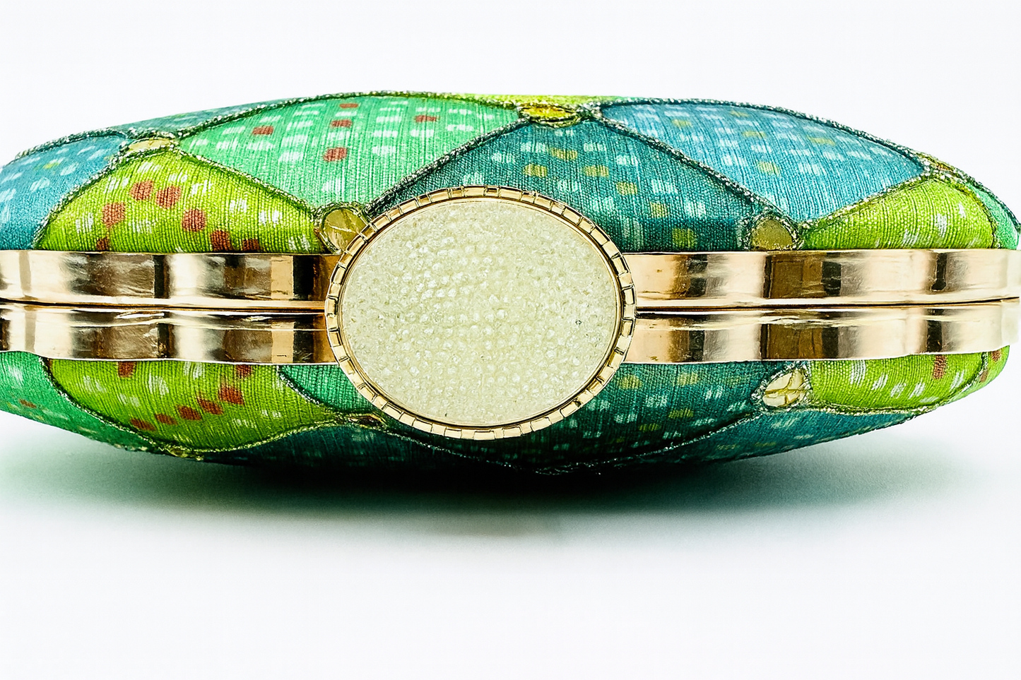Ikat-Inspired Geometric Scallop Clutch in Green & Blue with Gold Accents – Evening & Festive Bag