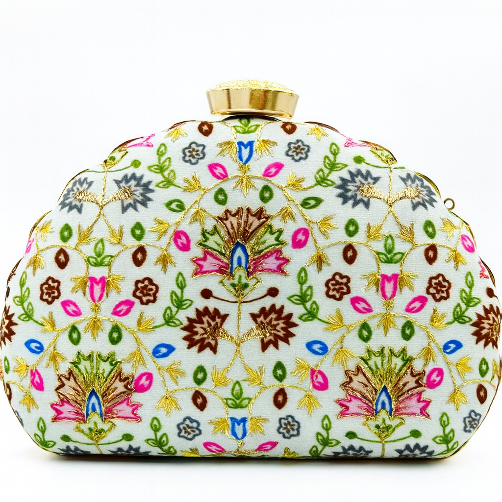 Hand-Embroidered Scallop Floral Clutch with Multicolor Threadwork & Gold Chain – Wedding & Festive Bag