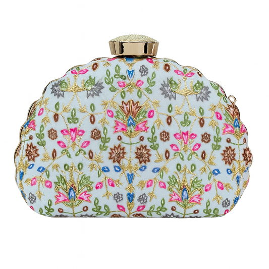 Hand-Embroidered Scallop Floral Clutch with Multicolor Threadwork & Gold Chain – Wedding & Festive Bag