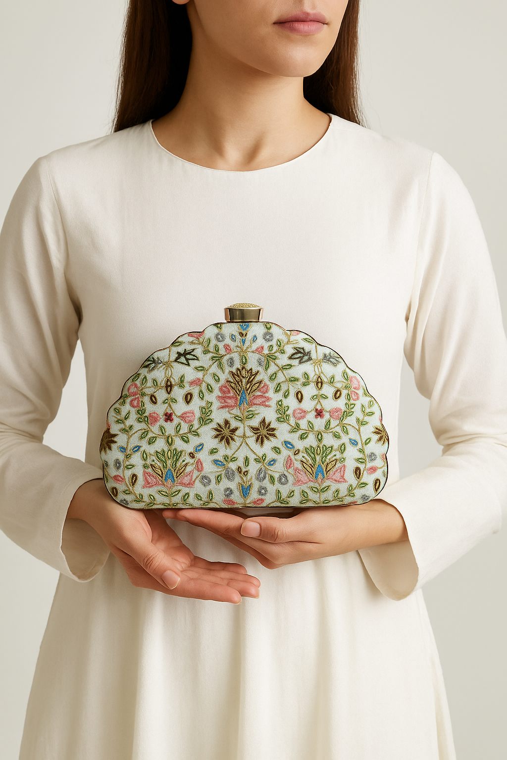 Hand-Embroidered Scallop Floral Clutch with Multicolor Threadwork & Gold Chain – Wedding & Festive Bag