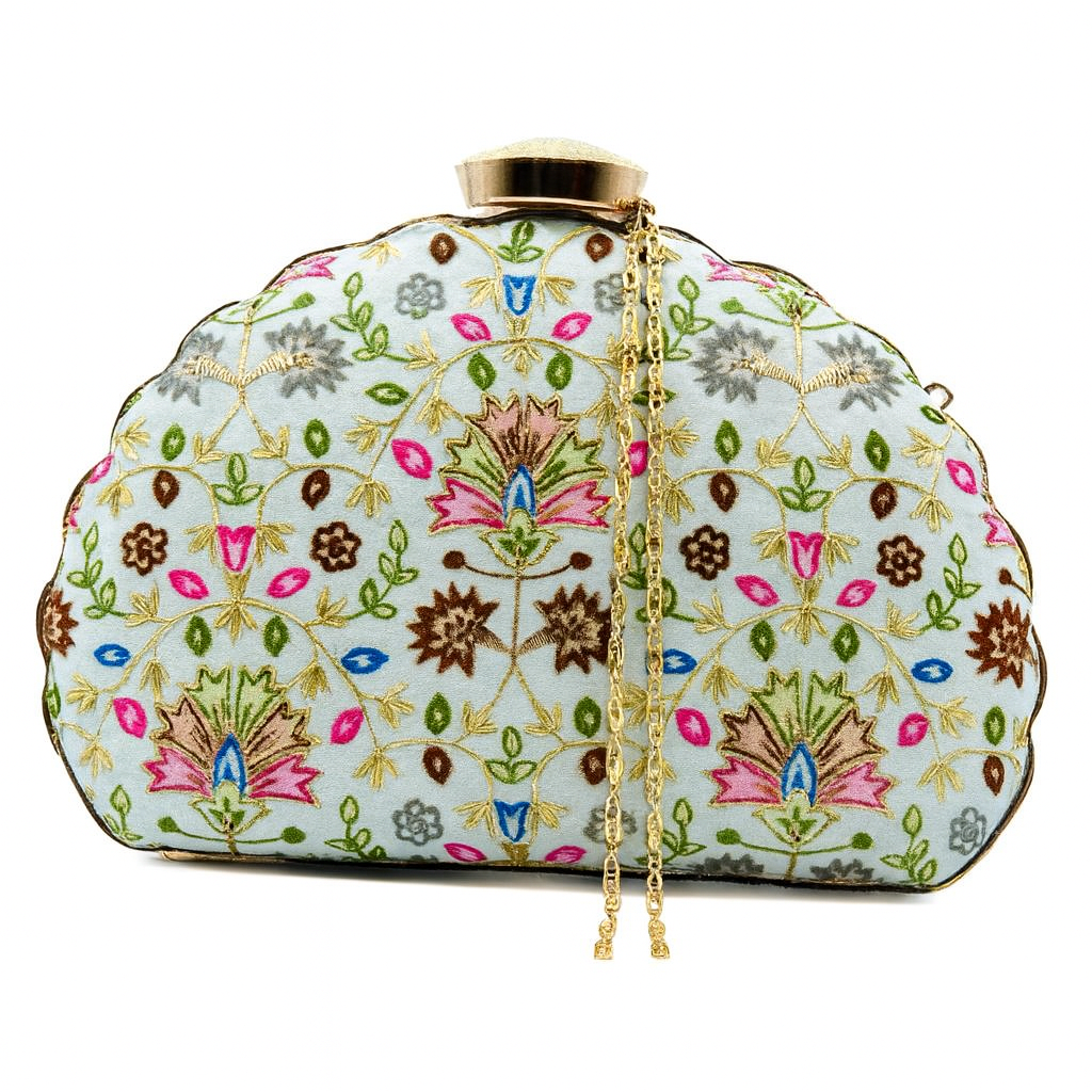 Hand-Embroidered Scallop Floral Clutch with Multicolor Threadwork & Gold Chain – Wedding & Festive Bag