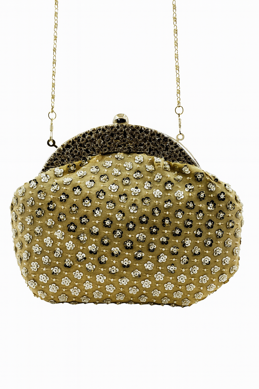 Golden Beaded Batua-Style Clutch with Floral Embroidery & Chain Strap – Wedding & Festive Bag