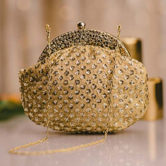 Golden Beaded Batua-Style Clutch with Floral Embroidery & Chain Strap – Wedding & Festive Bag