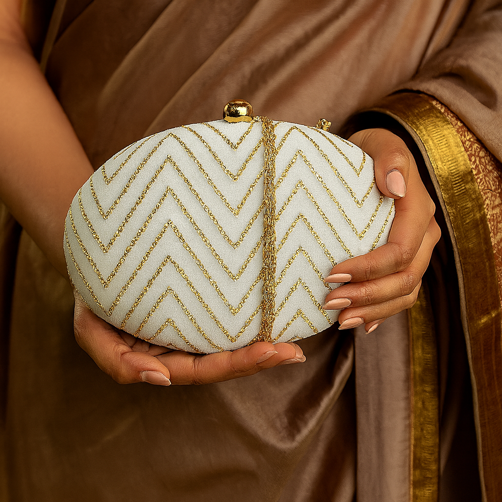 Luxury White Oval Clutch with Gold Chevron Sequin Embroidery – Evening & Party Bag