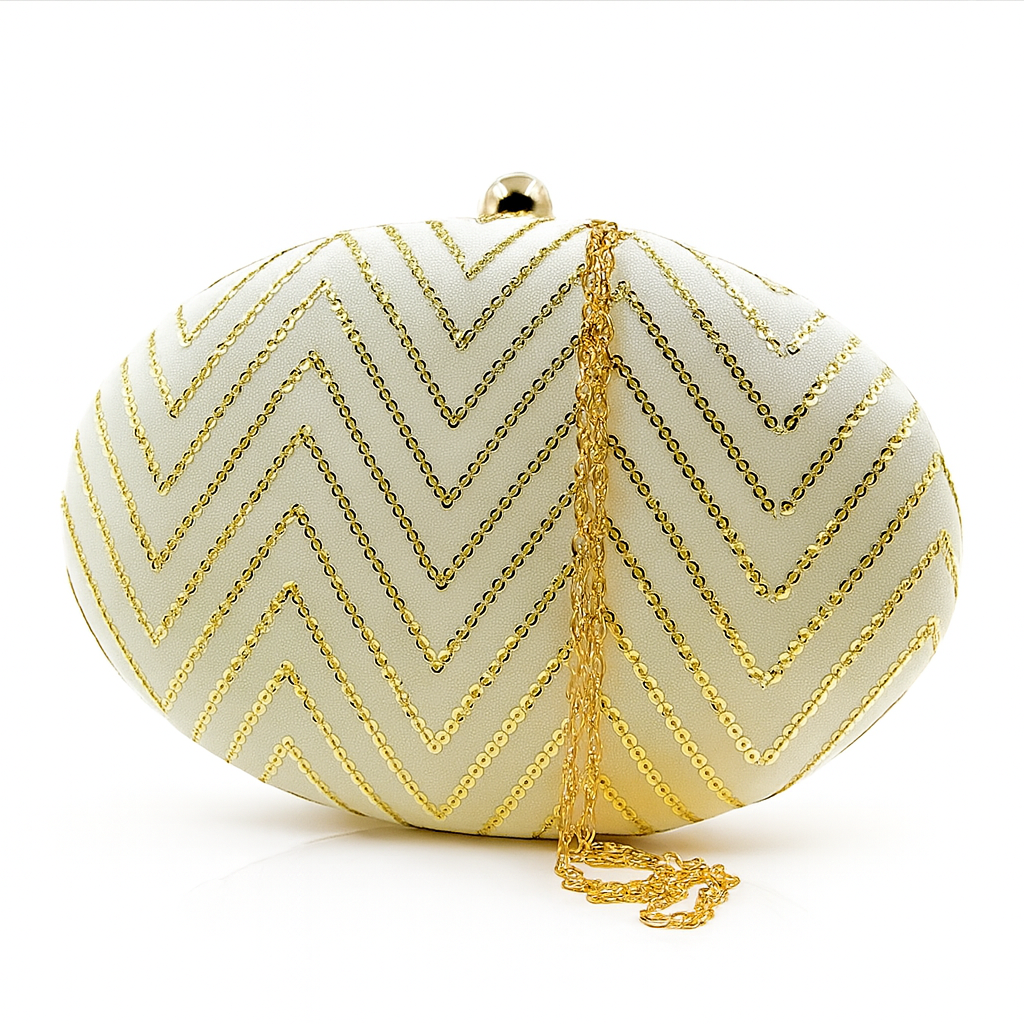 Luxury White Oval Clutch with Gold Chevron Sequin Embroidery – Evening & Party Bag