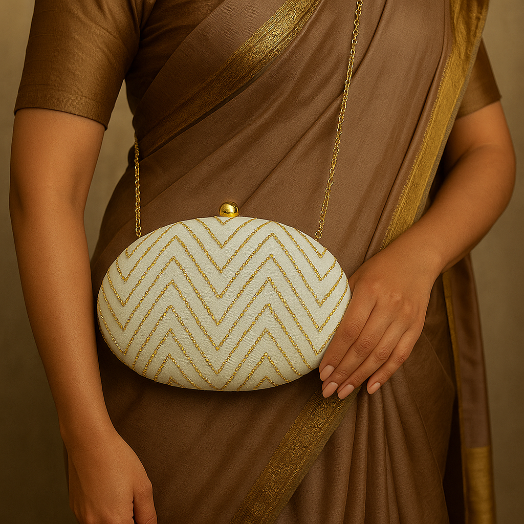 Luxury White Oval Clutch with Gold Chevron Sequin Embroidery – Evening & Party Bag