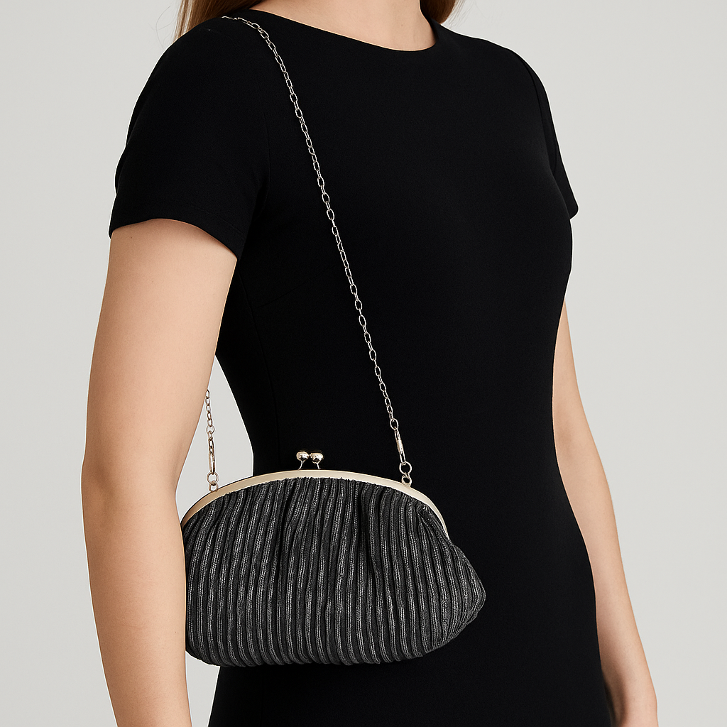 Elegant Black Batua-Style Clutch with Textured Fabric & Gold Kiss-Lock Clasp – Evening & Party Bag