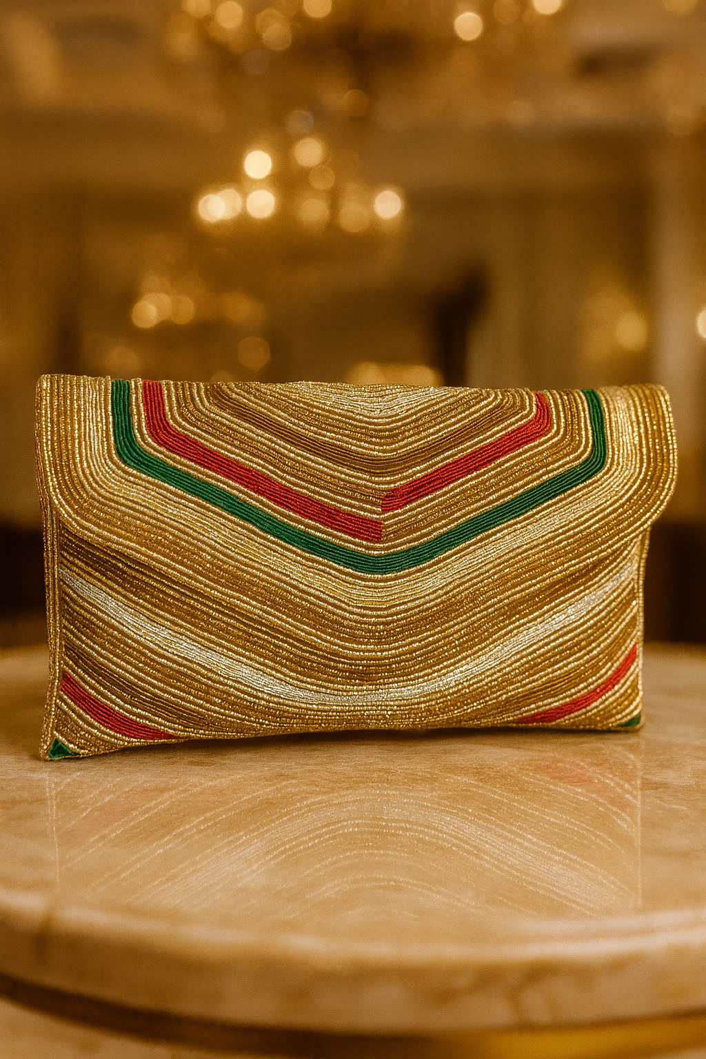 Luxury Hand-Beaded Stripe Clutch in Gold, Red & Green – Wedding, Party & Festive Bag