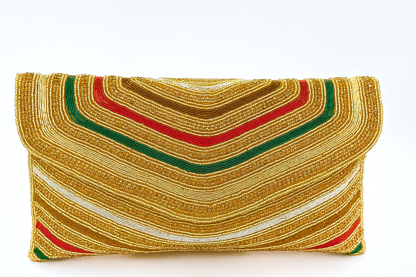 Luxury Hand-Beaded Stripe Clutch in Gold, Red & Green – Wedding, Party & Festive Bag