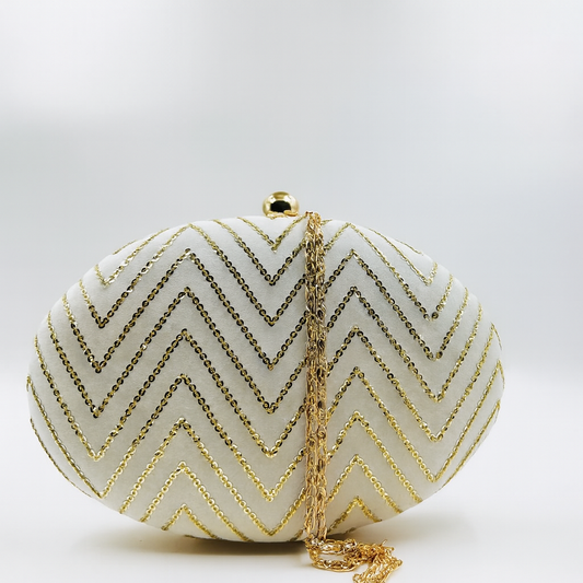 Luxury White Oval Clutch with Gold Chevron Sequin Embroidery – Evening & Party Bag
