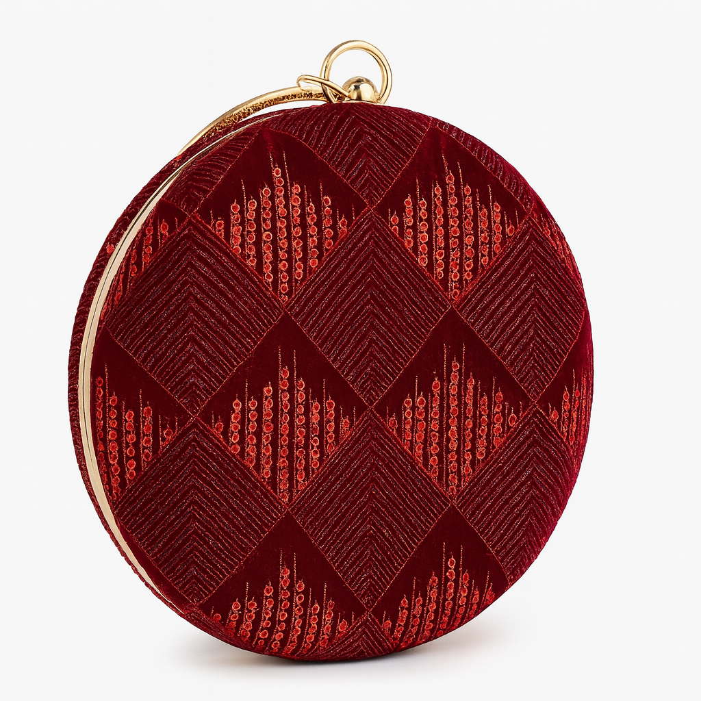 Luxury Red Velvet Round Clutch with Sequin Embroidery & Golden Handle – Party & Wedding Bag