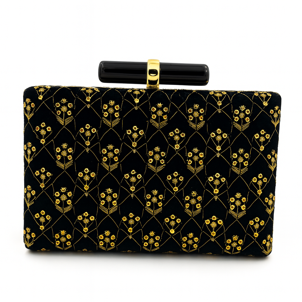 Luxury Black Velvet Clutch with Golden Floral Embroidery & Bar Clasp