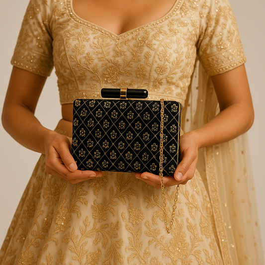 Luxury Black Velvet Clutch with Golden Floral Embroidery & Bar Clasp