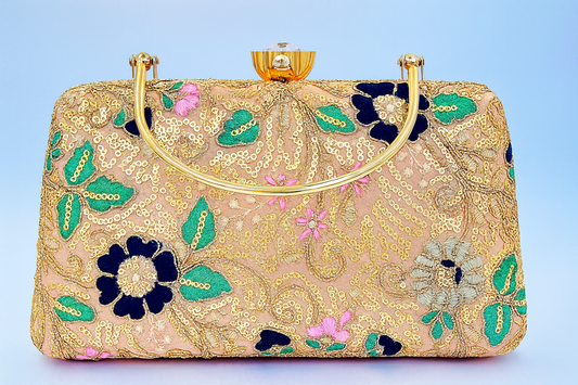 Floral Embroidered Clutch with Gold Sequins and Handle – Wedding & Party Bag