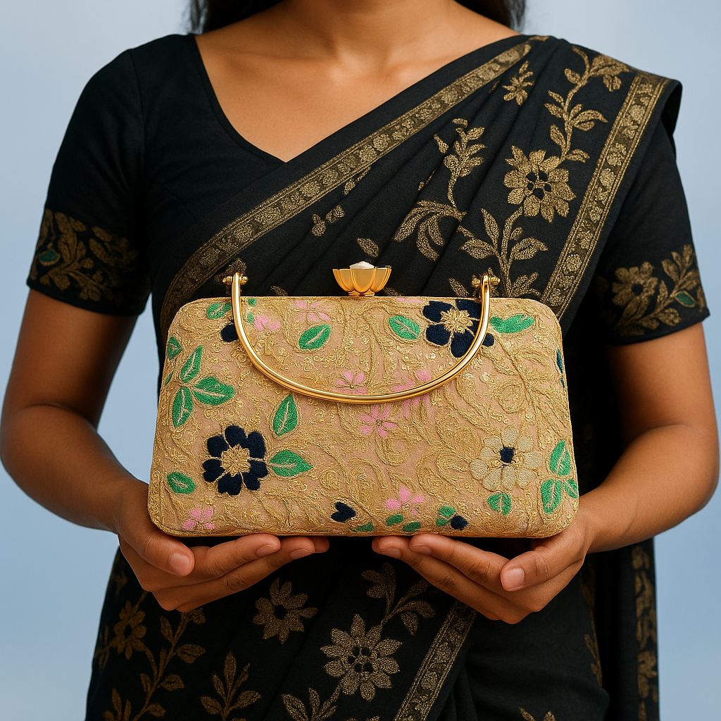 Floral Embroidered Clutch with Gold Sequins and Handle – Wedding & Party Bag